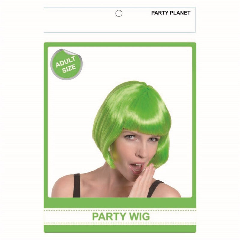Bright green bob-cut costume wig with a smooth fringe, ideal for St Patrick’s Day and party dress-ups.