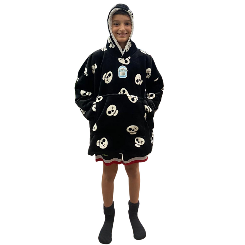 Boys Snuggy Sherpa hoodie in assorted printed designs, featuring ultra-soft sherpa fleece for warm, cosy comfort during chilly days and nights.