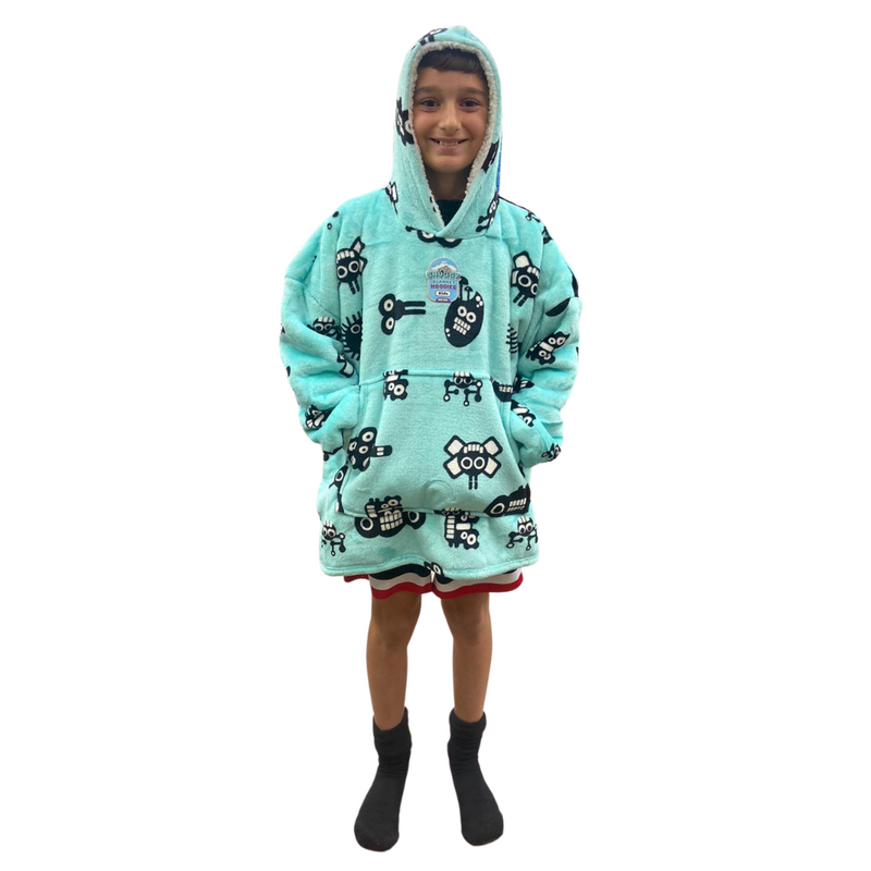 Boys Snuggy Sherpa hoodie in assorted printed designs, featuring ultra-soft sherpa fleece for warm, cosy comfort during chilly days and nights.