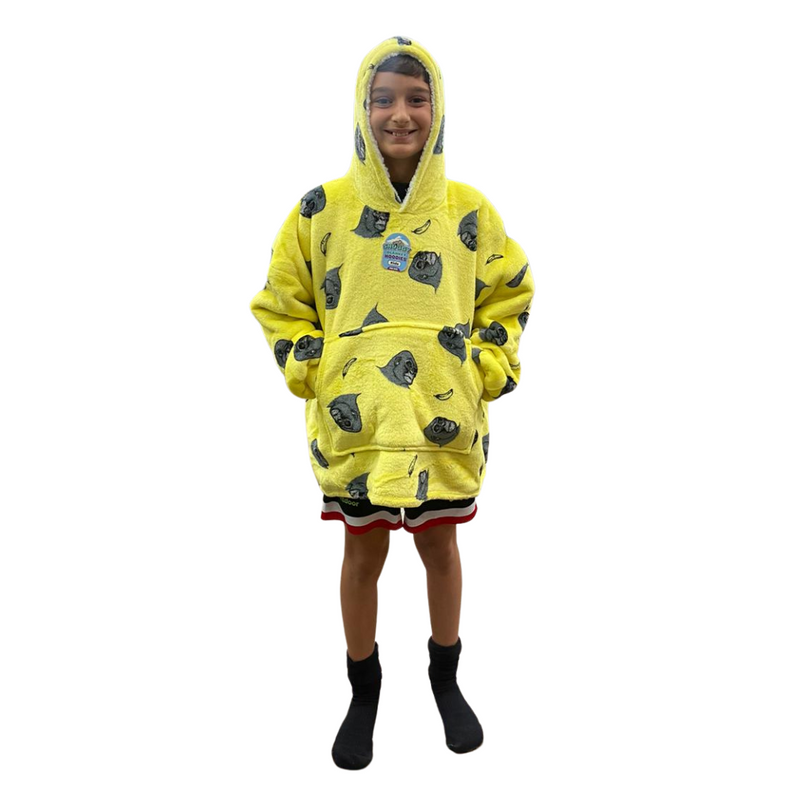 Boys Snuggy Sherpa hoodie in assorted printed designs, featuring ultra-soft sherpa fleece for warm, cosy comfort during chilly days and nights.