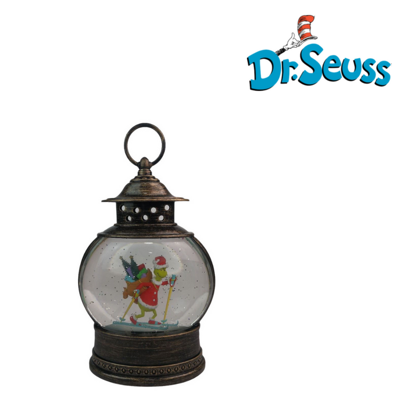 Brass LED lantern with skiing Grinch and water-spinning glitter effect, festive Christmas decoration