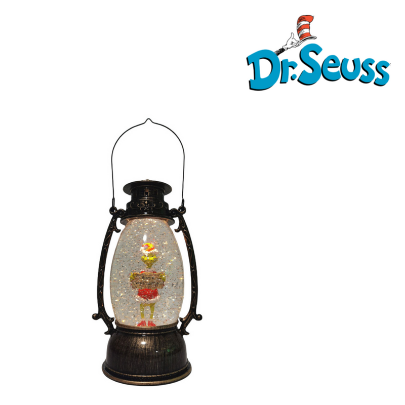 Brass LED water-spinning lantern featuring Grinch holiday scene and “Merry Grinchmas” text.
