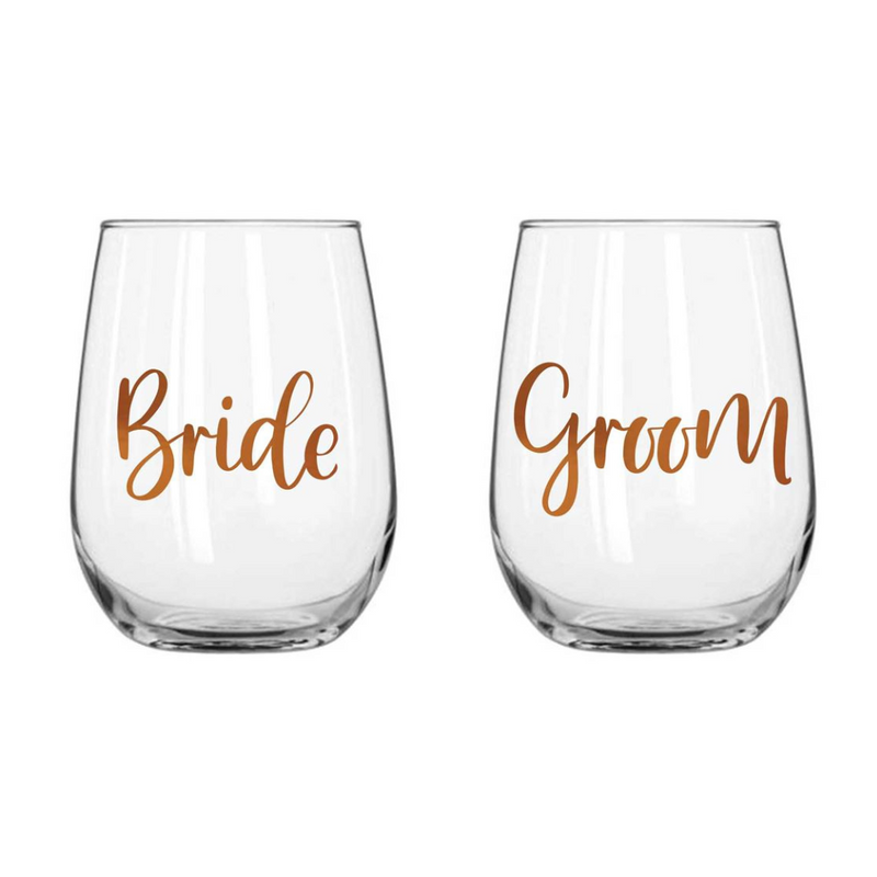 Ronis Bride Groom Stemless Wine Glass Set of 2 Rose Gold 600ml