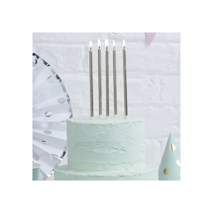 12Cm Tall Cake Candles Silver (Pack Of 12)