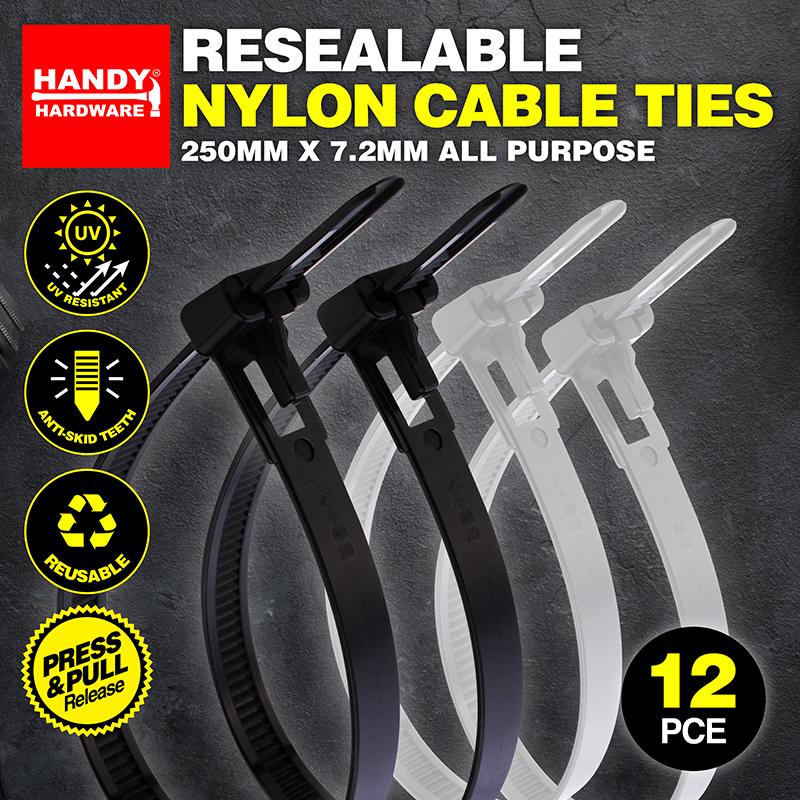 Cable Ties Releasable 250mm x 7.2mm 12pc