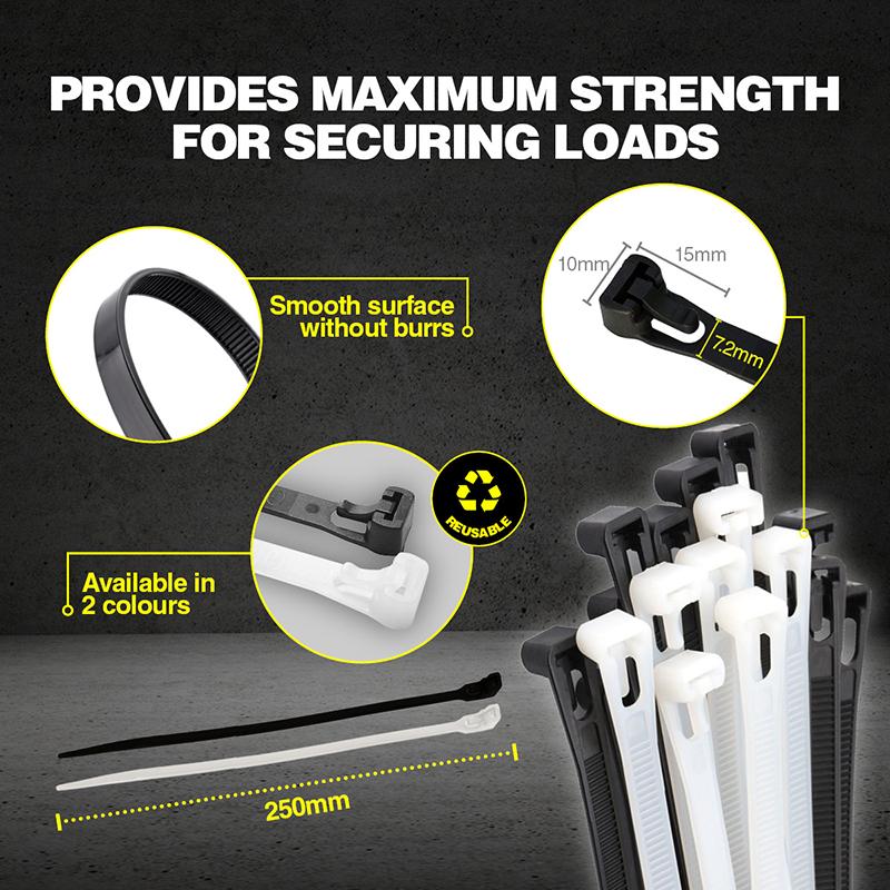 Cable Ties Releasable 250mm x 7.2mm 12pc