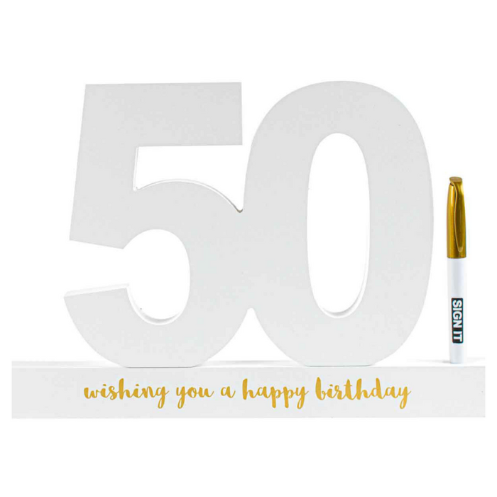 Happy 50th Signature Block 50 White with Gold Text