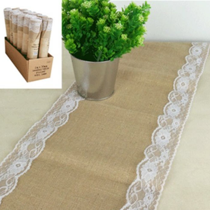 Hessian Table Runner With Lace 30Cm X 2M