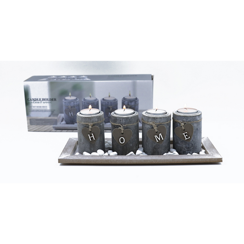 Wood Plate Gift Set & Wood Tealight Hoder White Stone Home