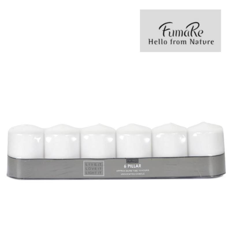 Fumare Pillar Candle 6Pc D5X7.5cmh White 1 Set Pvc Shrink Base Card
