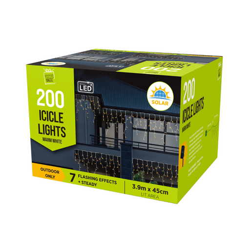 Solar LED Icicle Lights Warm White 200 Lights