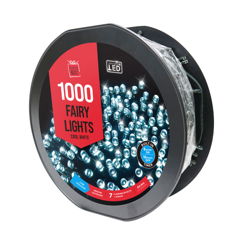  Fairy Lights LED Flashing White Reel with Timer 1000 Lights