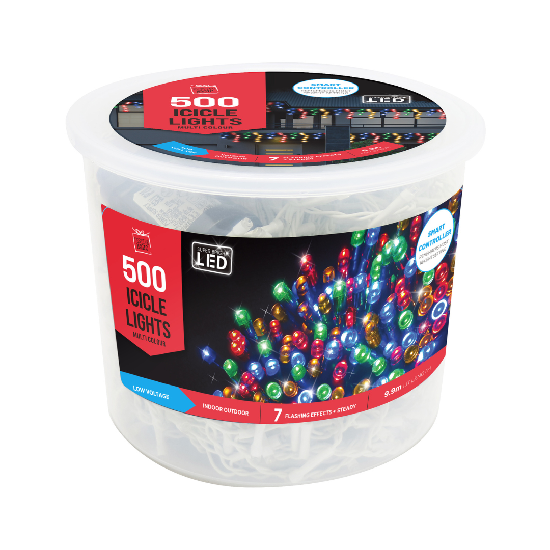 LED Icicles Flashing 500 Multi Tub 9.9mt Lite Length 5mt cord — Ronis