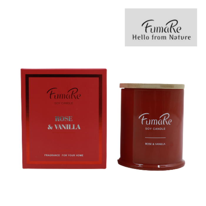 Fumare Scented Glass Class Candle With Nature Bamboo Lid(Soy Wax) Scent: Red Rose & Vanilla D9.7X10.5Cmh 11Cmh 1Set+Color Box