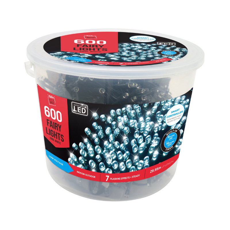 Fairy Lights LED Flashing White Tub with Timer 600 Lights