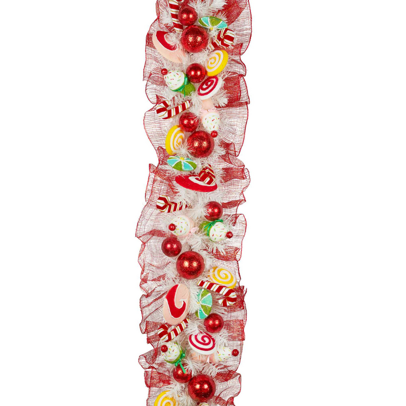 274cm Candyland-themed Christmas garland with colorful faux candies, baubles, and festive glitter details – whimsical holiday decoration