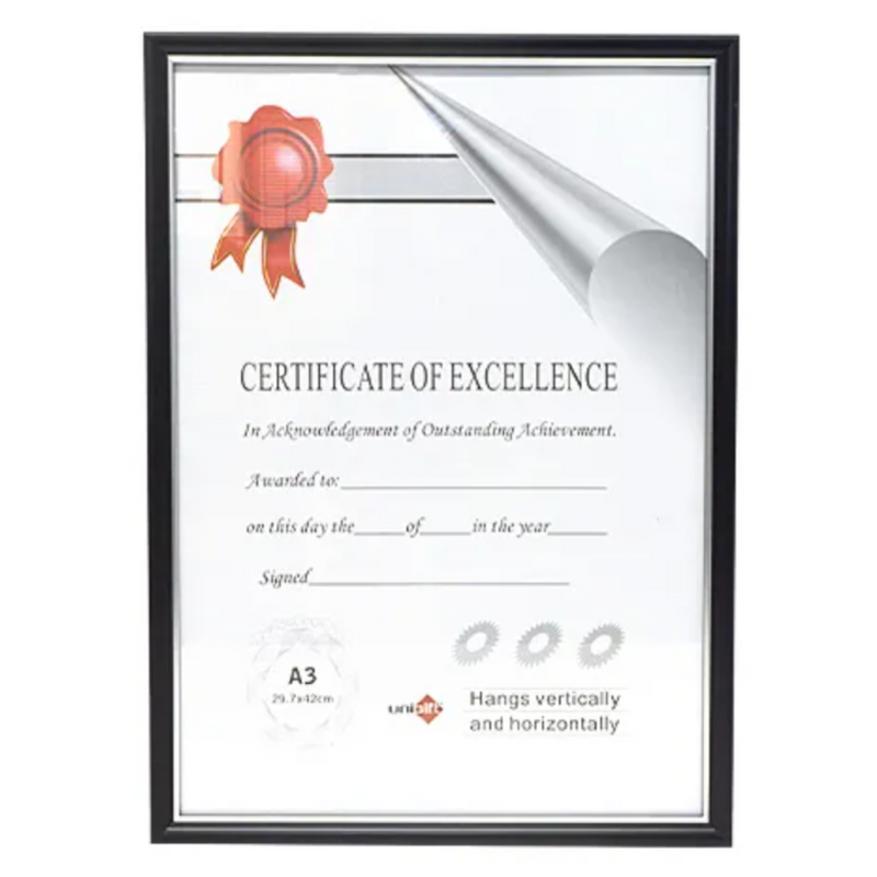 A3 certificate frame in black with silver detailing for diplomas, awards and posters