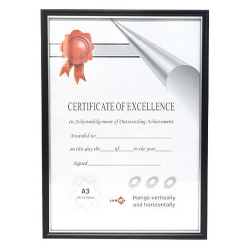 A3 certificate frame in black with silver detailing for diplomas, awards and posters