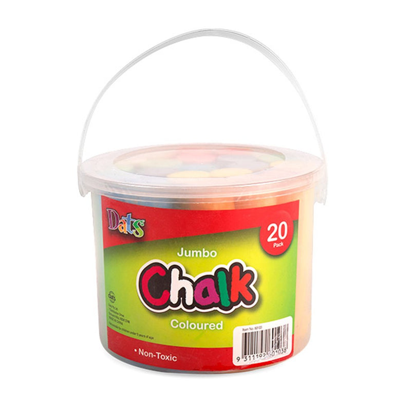 Jumbo coloured chalk 20 pack in bucket assorted colours for classroom chalkboards and outdoor play