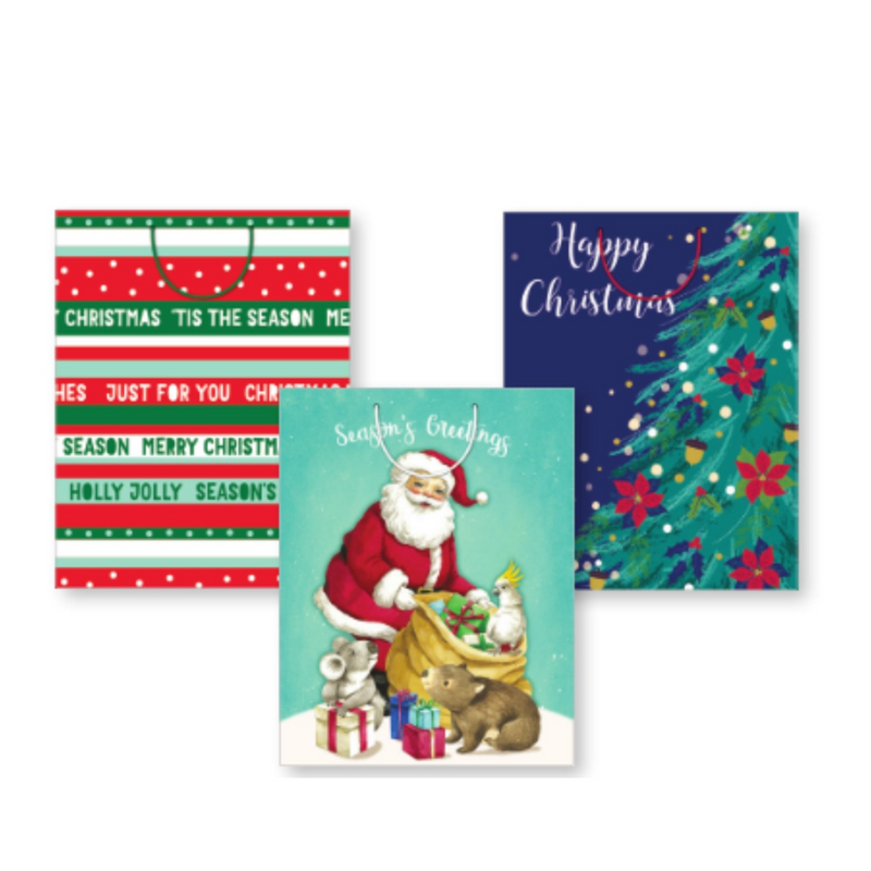 Assorted jumbo Christmas gift bags with festive prints and FSC Mix certified eco-friendly paper