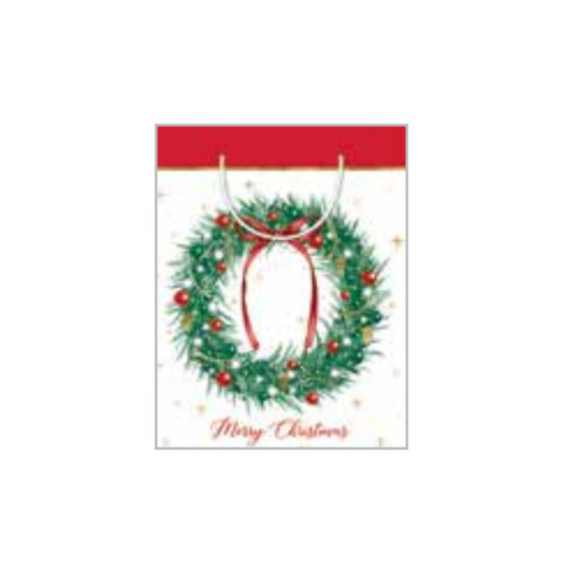 Medium Christmas gift bag with traditional wreath design and red ribbon bow