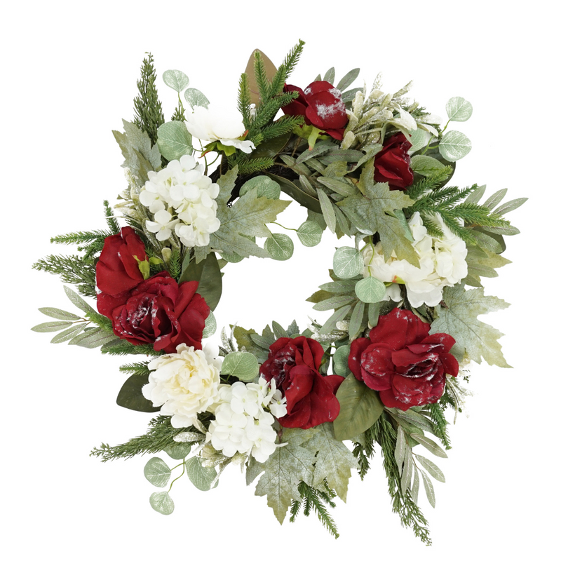 Christmas wreath with red and white luxe flowers on green foliage, 60cm diameter