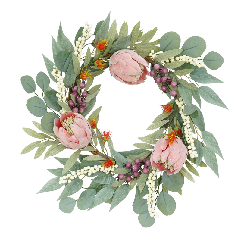 50cm Christmas wreath with protea flowers and native greenery for a rustic natural festive decoration