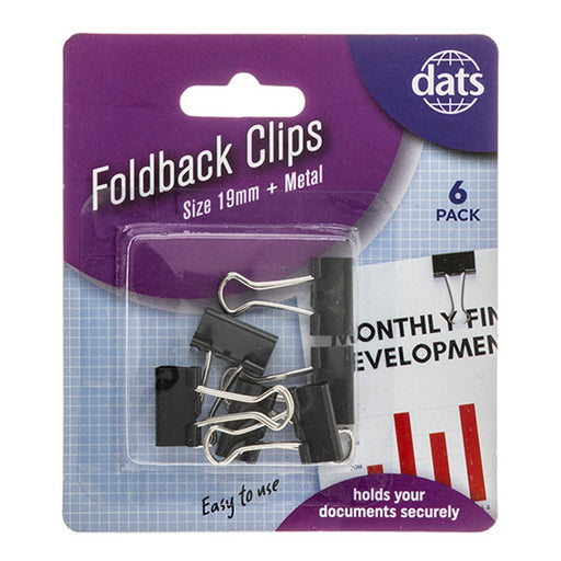Clip Foldback Black Silver 19mm 6pk – compact metal foldback clips for organising documents