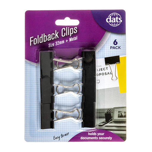 Clip Foldback Black Silver 32mm 6pk – durable metal foldback clips for organising documents
