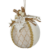 D White/Gold Velvet Bauble 10cm – thumbnail