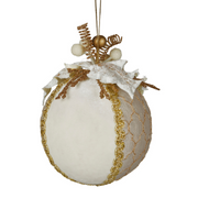 D White/Gold Velvet Bauble 10cm – thumbnail