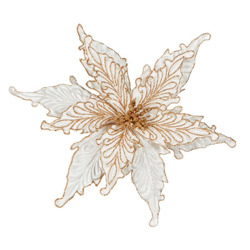 White/Gold Poinsettia Clip-On 20cm