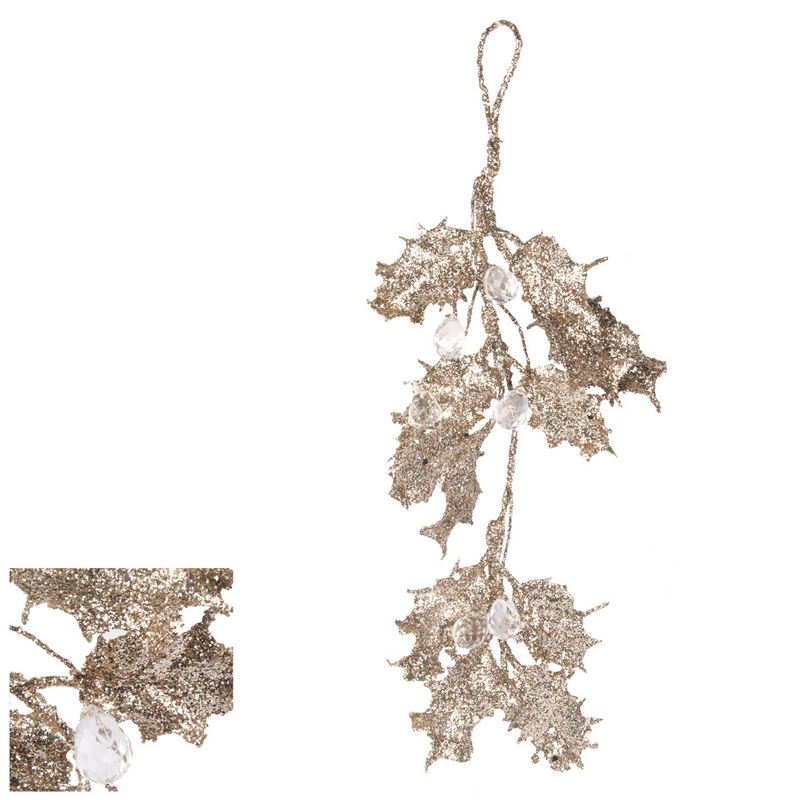 Champagne Holly Branch with Crystals Tree Decoration 28cm