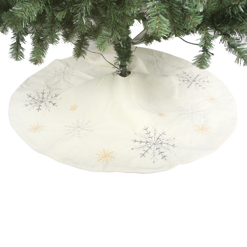 Ivory Velour Tree Skirt with Gold Snowflake Embroidery Diameter 1m