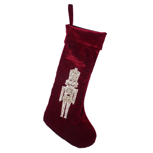 Burgundy Velour Stocking with Rose Gold Nutcracker 