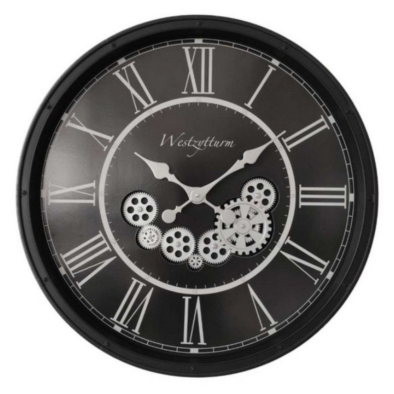 Black Clock with Moving Cogs 55cm