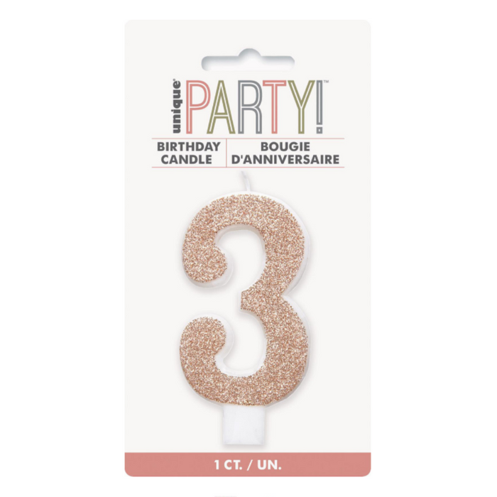 Numeral Candle 3 - Glitter Rose Gold