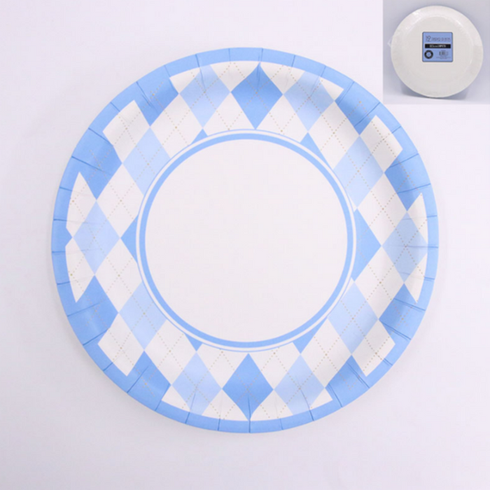 Blue Plaid Plates (23cm, Pack of 12)
