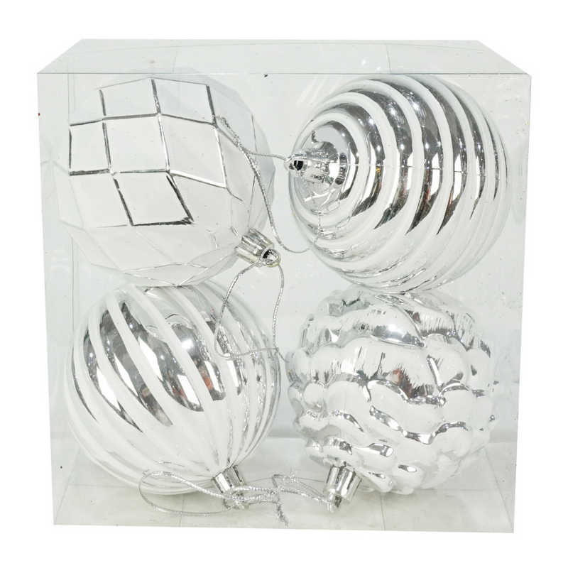 White/Silver Baubles 4pk, 80mm