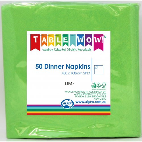 Lime green 2-ply dinner napkins (50 pack), 40x40cm, folded for party table settings and catering.