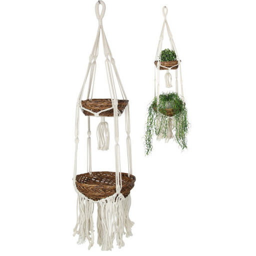 Double Macrame and Rattan Pot Holder with Tassels 90cm