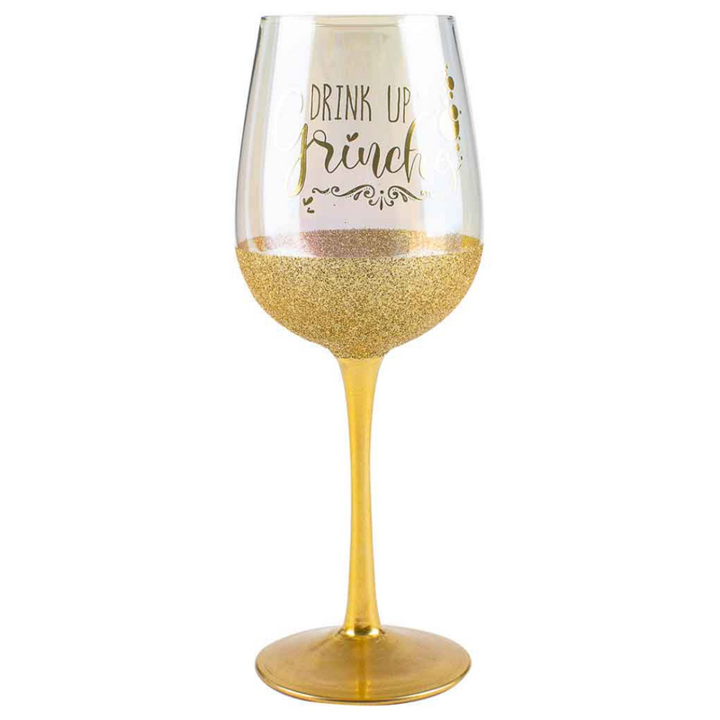 Drink Up Grinches stemless wine glass with festive red and green Grinch design – 430ml