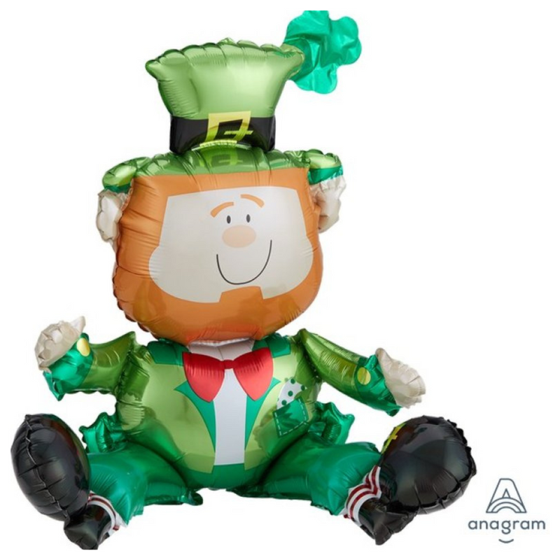Air-fill multi-balloon sitting leprechaun foil decoration (A75), approx. 45cm x 55cm, for St Patrick’s Day tabletop display