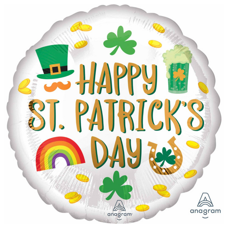45cm “Happy St. Patrick’s Day” foil balloon with Irish icon designs like shamrocks and lucky symbols for party décor