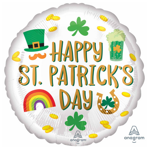 45cm “Happy St. Patrick’s Day” foil balloon with Irish icon designs like shamrocks and lucky symbols for party décor