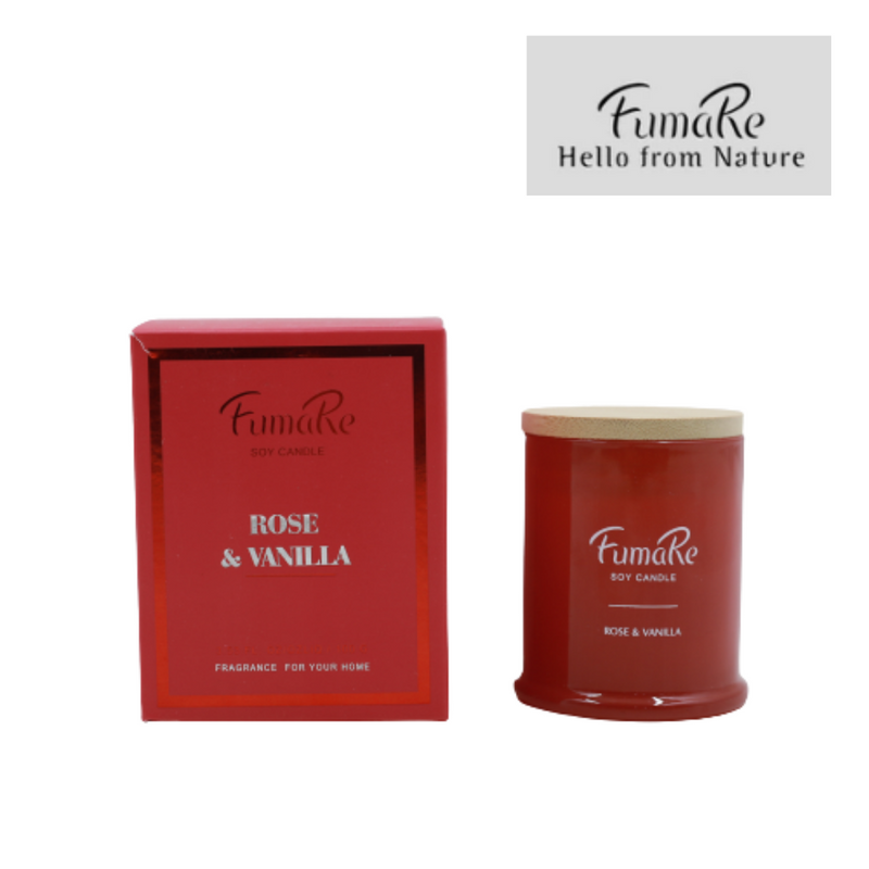 Ronis Fumare Scented Glass Class Candle With Nature Bamboo Lid Red Rose & Vanilla