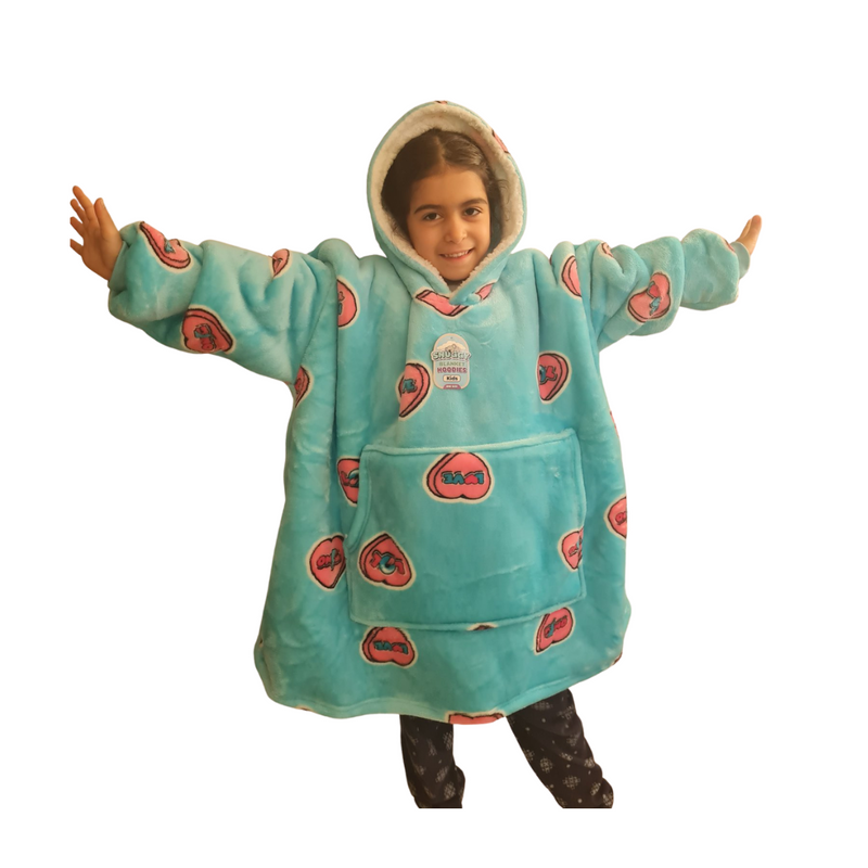 Girls Snuggy Sherpa hoodie in assorted printed designs, featuring ultra-soft sherpa fleece for warm, cosy comfort during chilly days and nights.