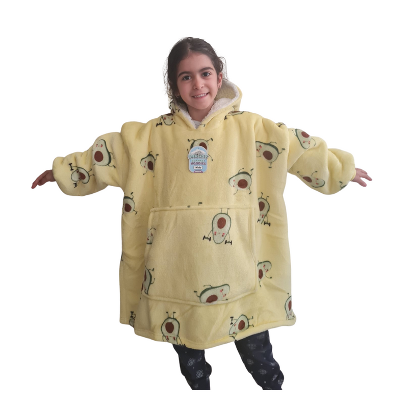 Girls Snuggy Sherpa hoodie in assorted printed designs, featuring ultra-soft sherpa fleece for warm, cosy comfort during chilly days and nights.