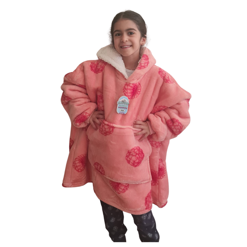 Girls Snuggy Sherpa hoodie in assorted printed designs, featuring ultra-soft sherpa fleece for warm, cosy comfort during chilly days and nights.