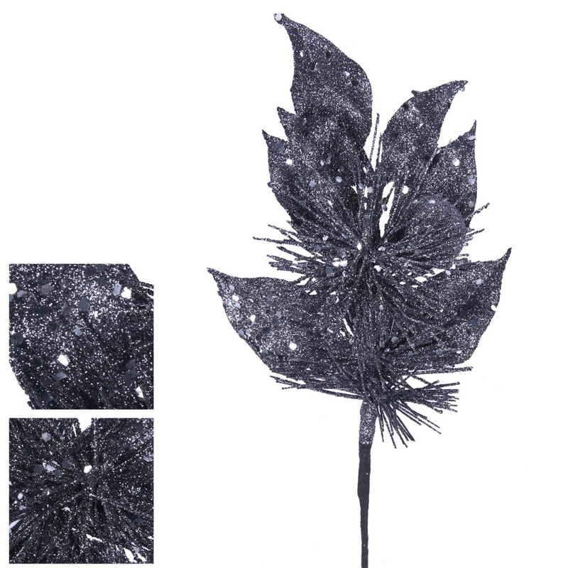 Ronis Glitter Floral Leaf Stem 30cm Iron Grey